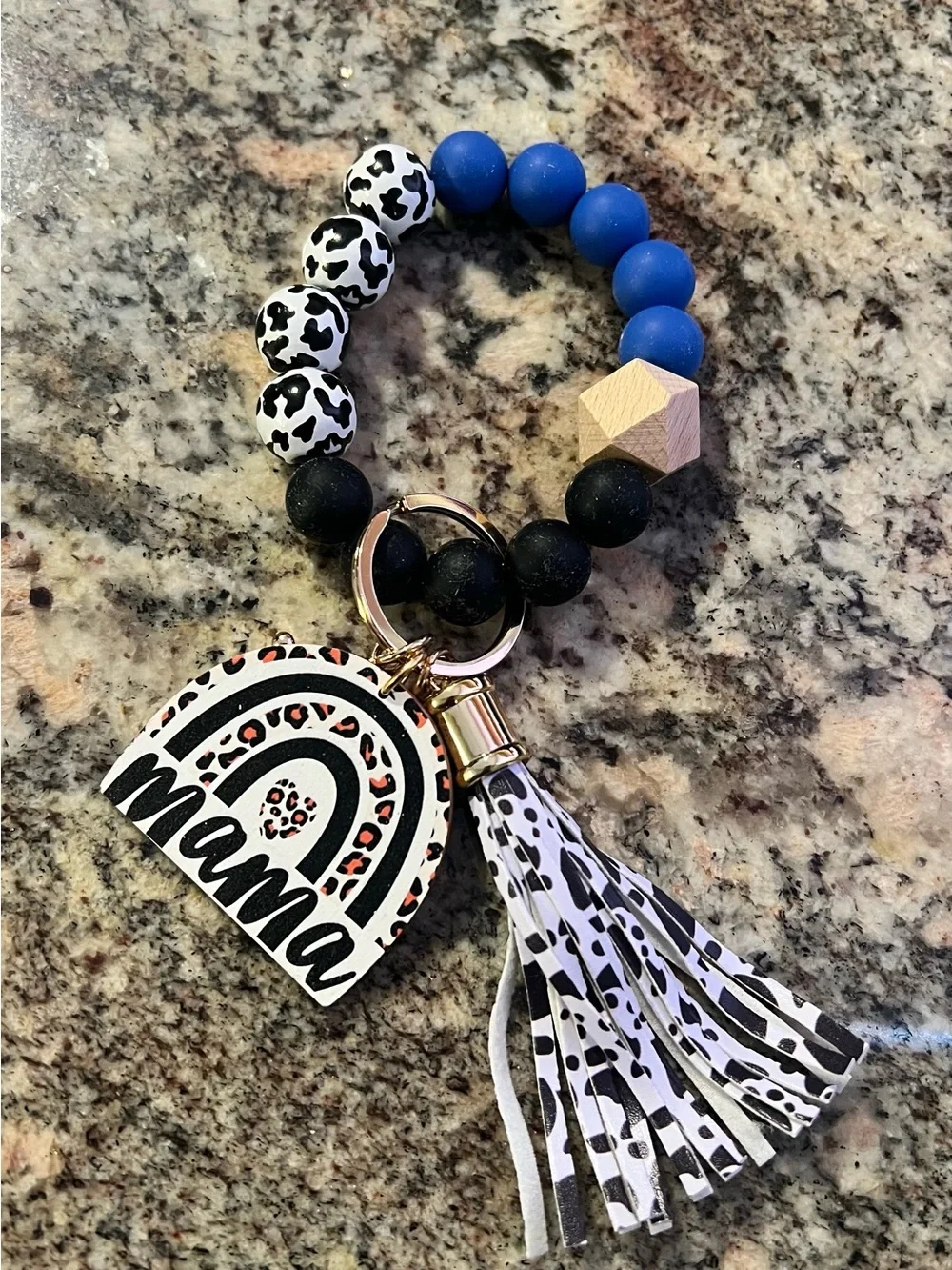 Source Unknown Blue & Black Beaded 'mama' Keyring with Leopard Tassel